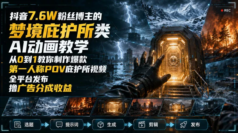 抖音7.6W粉丝博主的梦境庇护所类AI动画教学，从0到1教你制作爆款第一人称POV庇护所视频，全平台发布撸广告分成收益胖子网创胖子网创