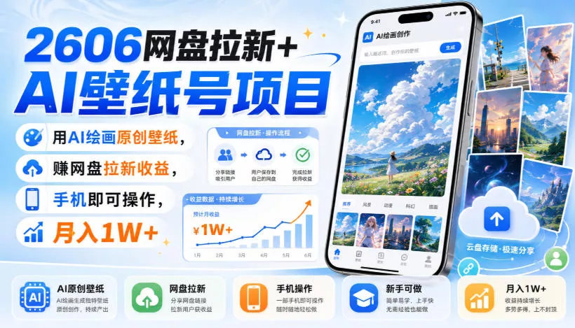 2606网盘拉新+AI壁纸号项目，用AI绘画原创壁纸，賺网盘拉新收益，手机即可操作，月入1W+胖子网创胖子网创