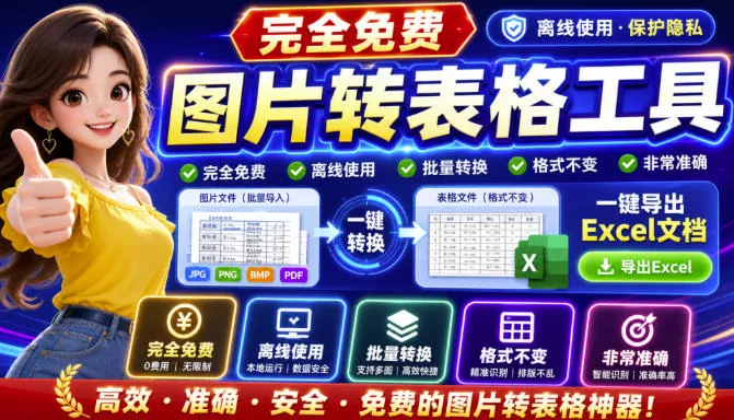 图片表格识别提取工具，支持一键从图片中智能提取表格并导出Excel文件，可离线免网运行，FastTableOCR胖子网创胖子网创