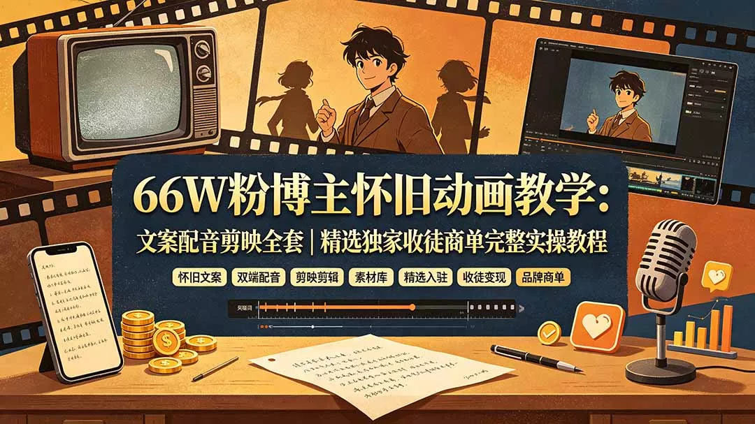 66W粉博主怀旧动画教学：文案配音剪映全套｜精选独家收徒商单完整实操教程胖子网创胖子网创