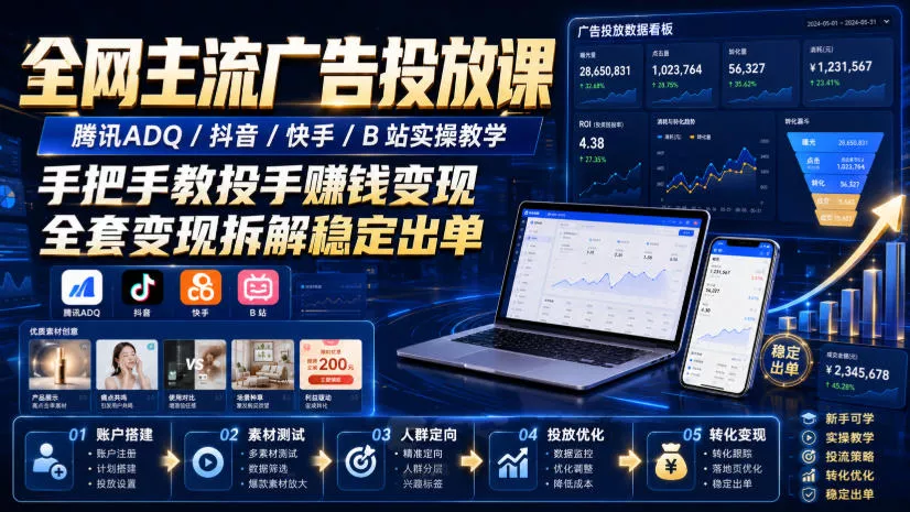 全网主流广告投放课，腾讯ADQ / 抖音 / 快手 / B 站实操教学，手把手教投手赚钱变现，全套变现拆解稳定出单胖子网创胖子网创