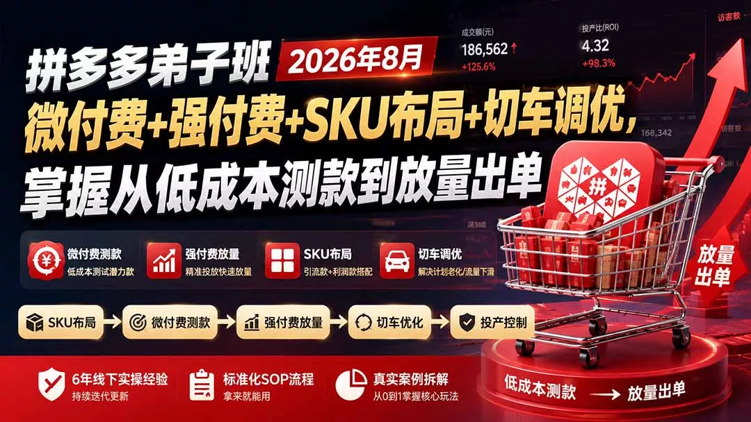 拼多多弟子班2026年8月：微付费+强付费+SKU布局+切车调优，掌握从低成本测款到放量出单胖子网创胖子网创