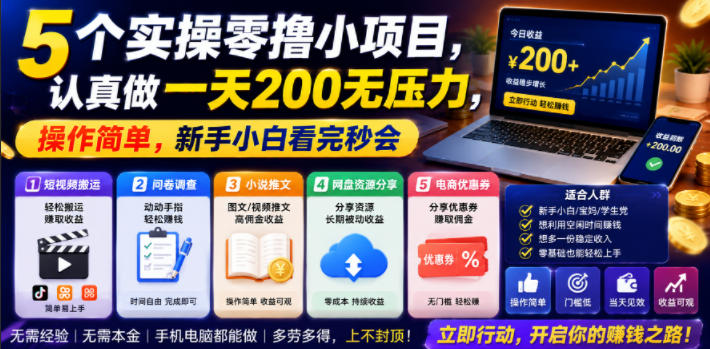 5个实操零撸小项目，认真做一天200无压力，操作简单，新手小白看完秒会【揭秘】胖子网创胖子网创
