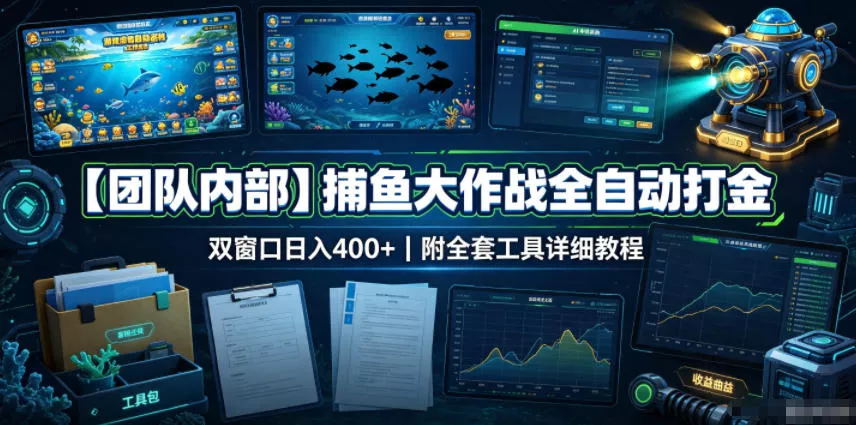 【团队内部】捕鱼大作战全自动打金，双窗口日入400+，附全套工具详细教程【揭秘】胖子网创胖子网创