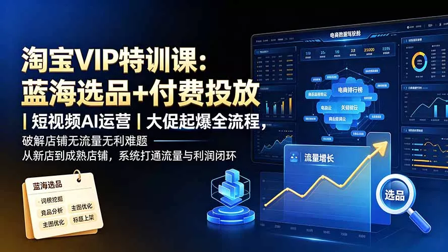 淘宝VIP特训课：蓝海选品+付费投放｜短视频AI运营｜大促起爆全流程，破解店铺无流量无利润难题胖子网创胖子网创