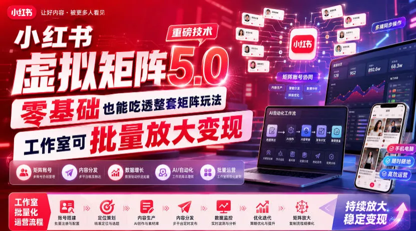 小红书虚拟矩阵5.0重磅技术,零基础也能吃透整套矩阵玩法,工作室可批量放大变现 小红书虚拟矩阵5.0重磅技术,零基础也能吃透整套矩阵玩法,工作室可批量放大变现