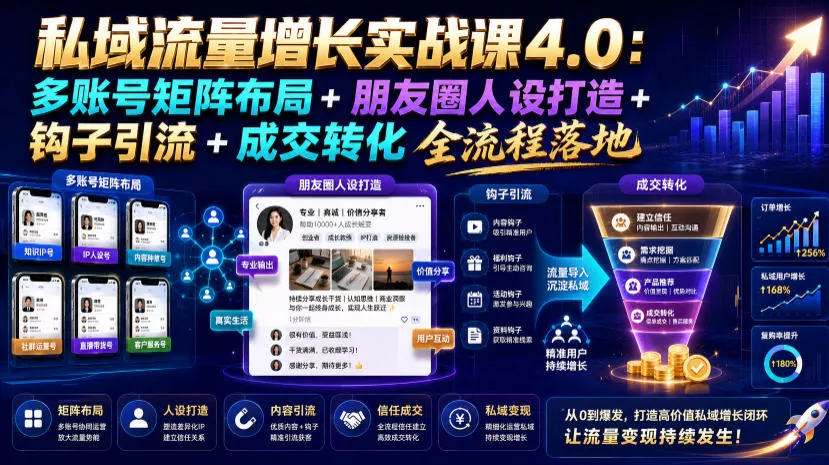 私域流量增长实战课4.0:多账号矩阵布局+朋友圈人设打造+钩子引流+成交转化全流程落地 私域流量增长实战课4.0:多账号矩阵布局+朋友圈人设打造+钩子引流+成交转化全流程落地