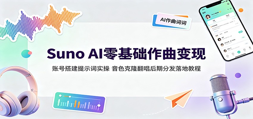 Suno AI零基础作曲变现：账号搭建提示词实操，音色克隆翻唱后期分发落地教程胖子网创胖子网创