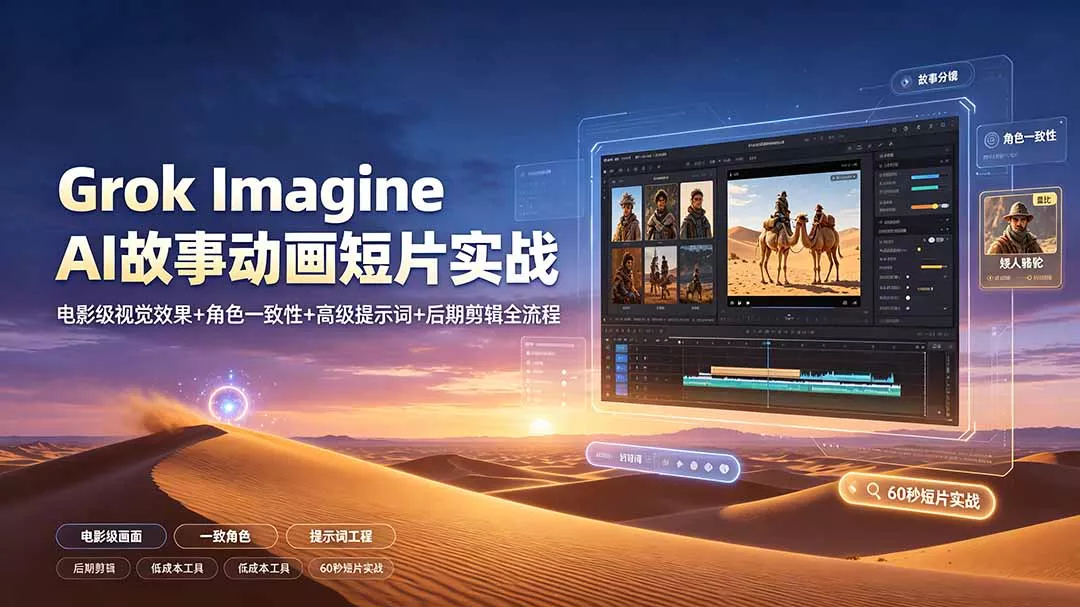 Grok Imagine AI故事动画短片实战：电影级视觉效果+角色一致性+高级提示词+后期剪辑全流程胖子网创胖子网创