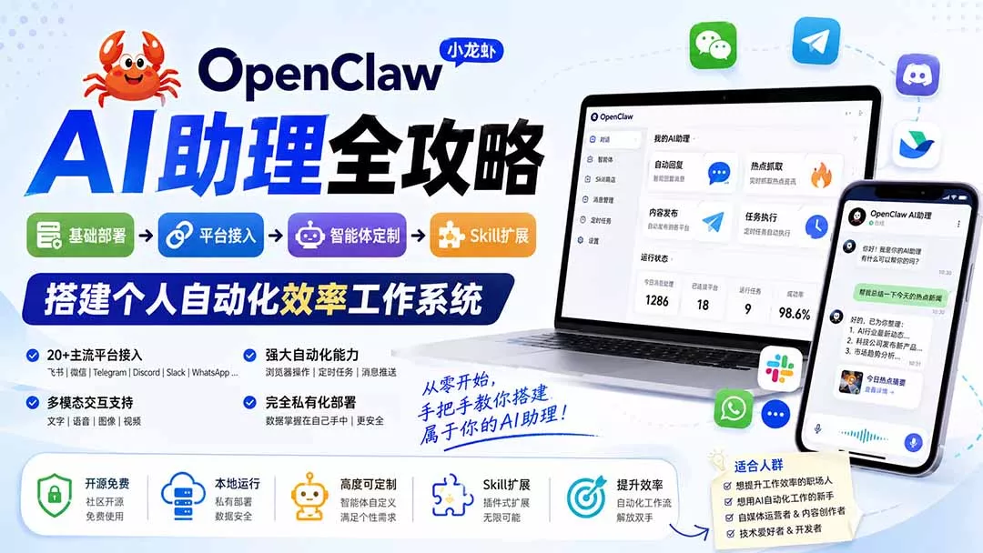 OpenClaw小龙虾 AI助理全攻略：基础部署→平台接入→智能体定制→Skill扩展，搭建个人自动化效率工作系统胖子网创胖子网创