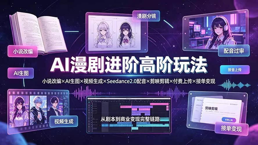 AI漫剧进阶高阶玩法：小说改编×AI生图×视频生成×Seedance2.0配音×剪映剪辑×付费上传×接单变现胖子网创胖子网创
