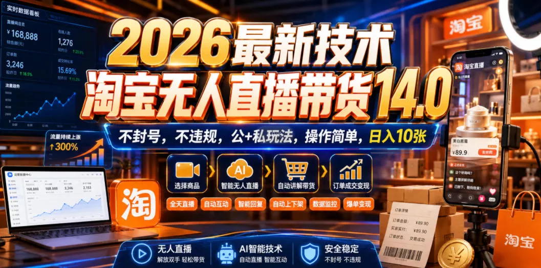 2026最新技术，淘宝无人直播带货14.0，不封号，不违规，公+私玩法，操作简单，日入10张【揭秘】胖子网创胖子网创