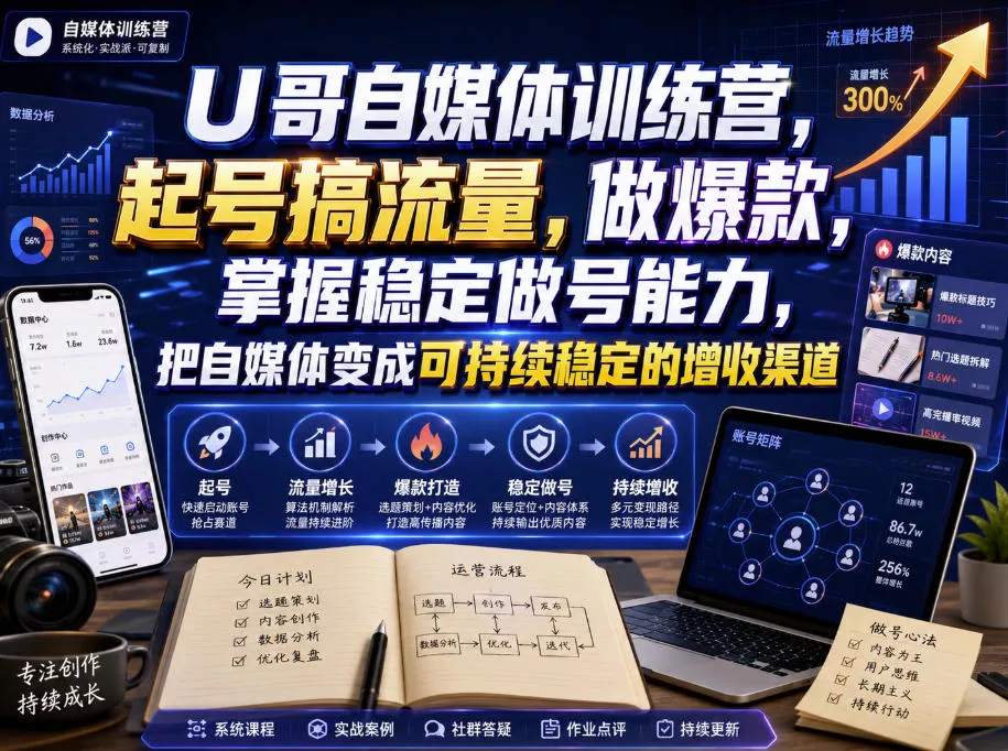 U哥自媒体训练营，起号搞流量，做爆款，掌握稳定做号能力，把自媒体变成可持续稳定的增收渠道胖子网创胖子网创