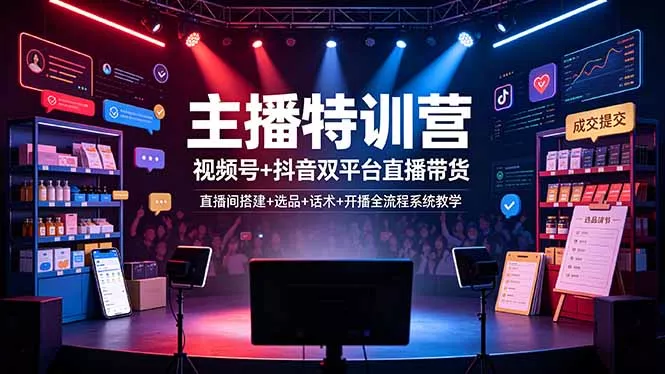 主播特训营：视频号+抖音双平台直播带货，直播间搭建+选品+话术+开播全流程系统教学胖子网创胖子网创