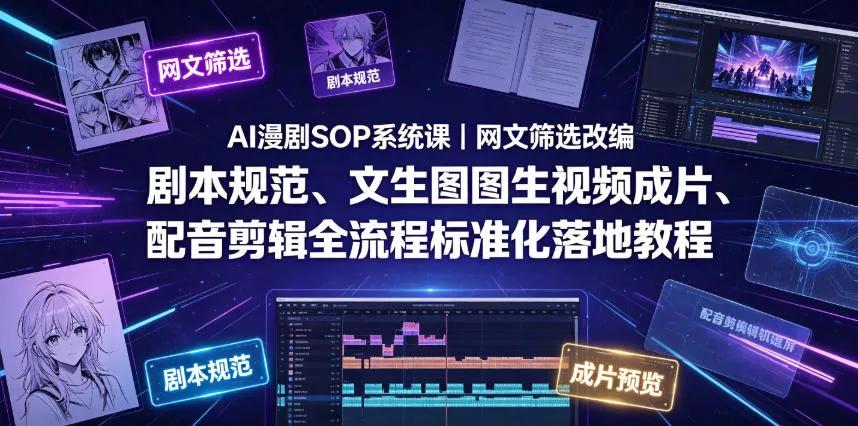 AI漫剧SOP系统课｜网文筛选改编、剧本规范、文生图图生视频成片、配音剪辑全流程标准化落地教程(更新)胖子网创胖子网创
