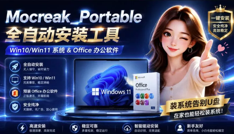 Mocreak全自动安装office和win10、win11系统，告别U盘装系统，使用安全可靠胖子网创胖子网创