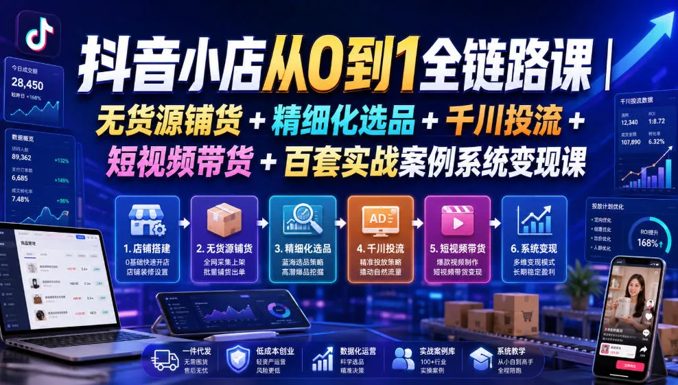 抖音小店从0到1全链路课｜无货源铺货+精细化选品+千川投流+短视频带货+百套实战案例系统变现课(2026年7月更新)胖子网创胖子网创