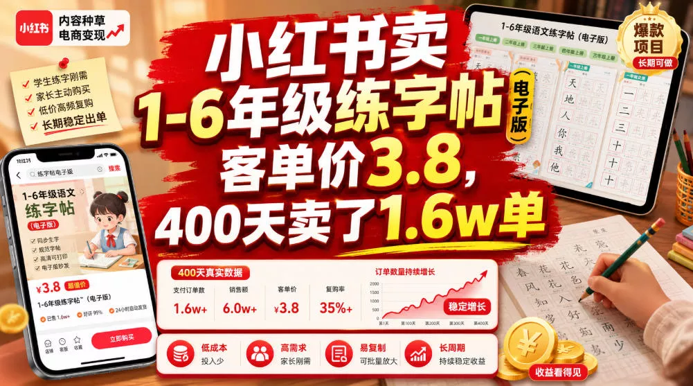 小红书卖1-6年级练字帖(电子版)，客单价3.8，400天卖了1.6w单胖子网创胖子网创