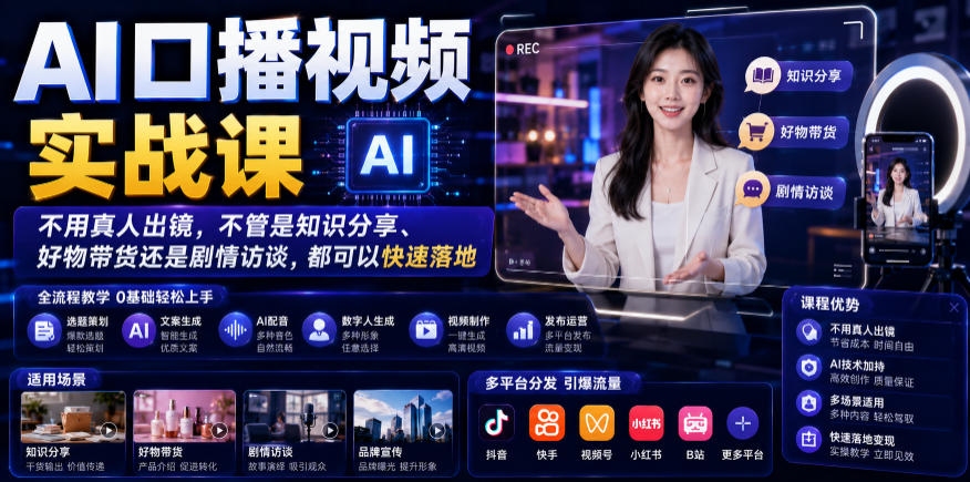AI口播视频实战课，不用真人出镜，不管是知识分享、好物带货还是剧情访谈，都可以快速落地胖子网创胖子网创