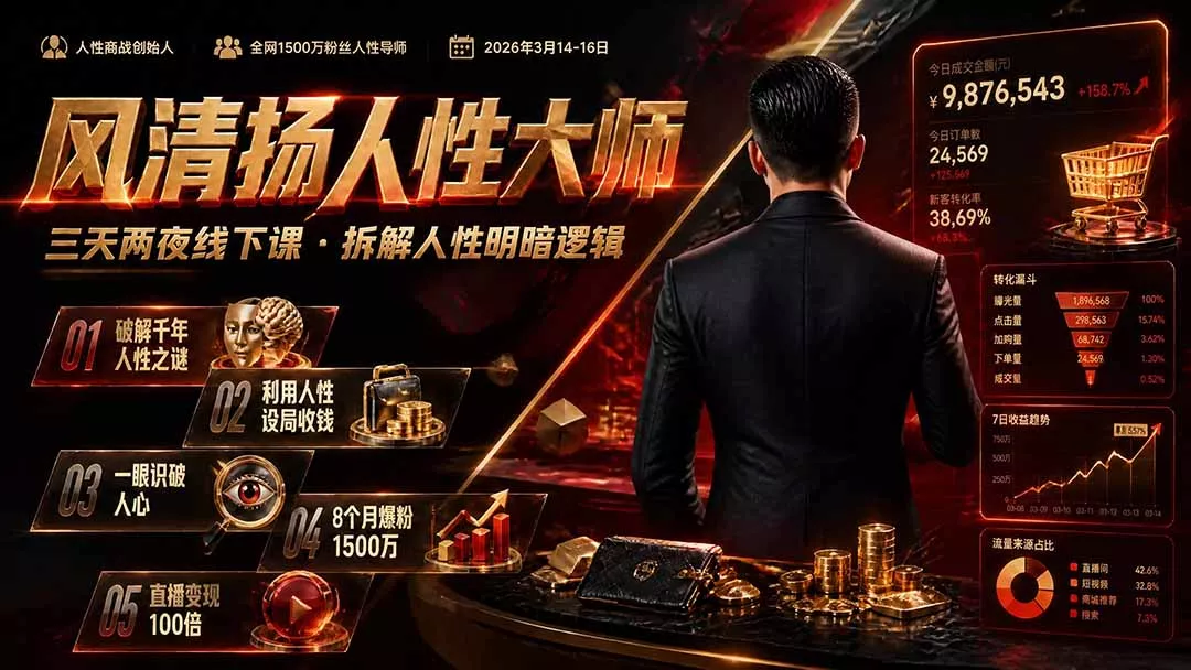 风清扬人性大师-三天两夜3月14-16线下课2026年｜拆解人性明暗逻辑，识人避坑，千万粉涨粉+直播百倍变现实战教学胖子网创胖子网创