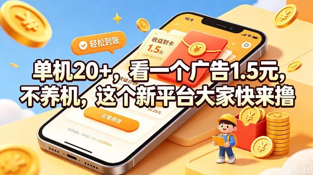 单机20+，看一个广告1.5米，不养机，这个新平台大家快来撸【揭秘】胖子网创胖子网创