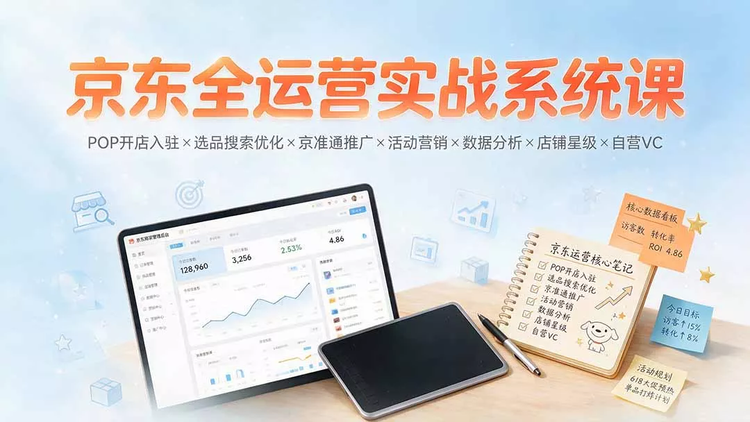 京东全运营实战系统课：POP开店入驻×选品搜索优化×京准通推广×活动营销×数据分析×店铺星级×自营VC胖子网创胖子网创