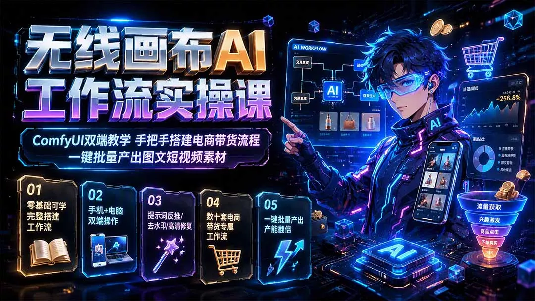 无线画布AI工作流实操课｜ComfyUI双端教学，手把手搭建电商带货流程，一键批量产出图文短视频素材胖子网创胖子网创