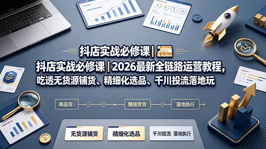 抖店实战必修课｜2026最新全链路运营教程，吃透无货源铺货、精细化选品、千川投流落地玩法胖子网创胖子网创