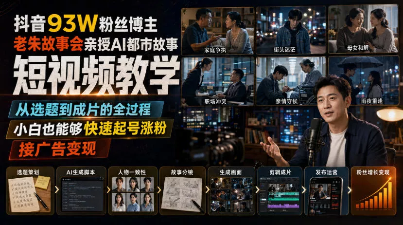 抖音93W粉丝博主老朱故事会亲授AI都市故事短视频教学，从选题到成片的全过程，小白也能够快速起号涨粉接广告变现胖子网创胖子网创