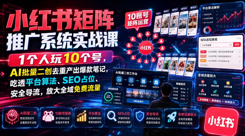 小红书矩阵推广系统实战课｜1个人玩10个号，AI批量二创去重产出爆款笔记，吃透平台算法、SEO占位、安全导流，放大全域免费流量胖子网创胖子网创