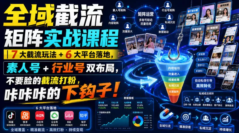 全域截流矩阵实战课程｜7大截流玩法+6大平台落地，素人号+行业号双布局，不要脸的截流打粉，咔咔咔的下钩子！胖子网创胖子网创