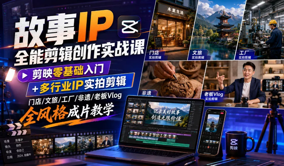 故事IP全能剪辑创作实战课｜剪映零基础入门+多行业IP实拍剪辑，门店/文旅/工厂/非遗/老板Vlog全风格成片教学胖子网创胖子网创