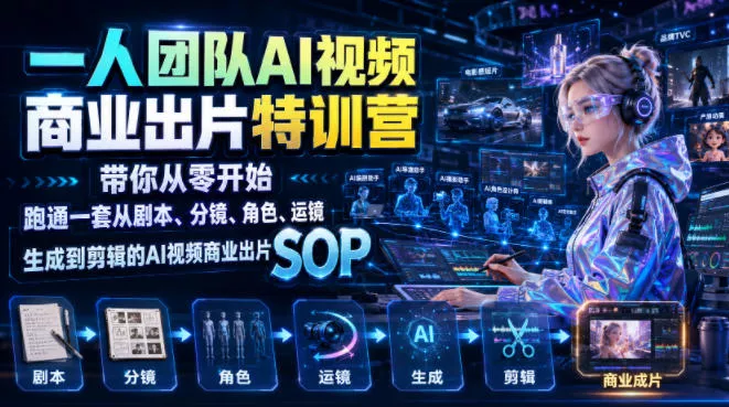 一人团队AI视频商业出片实战课：带你从零开始跑通一套从剧本、分镜、角色、运镜、生成到剪辑的AI视频商业出片SOP胖子网创胖子网创