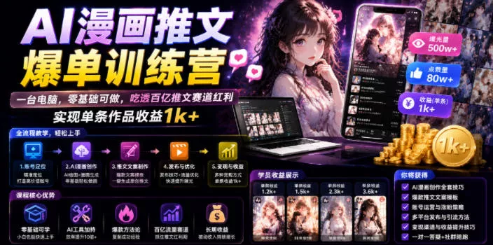 AI漫画推文爆单训练营，一台电脑，零基础可做，吃透百亿推文赛道红利，实现单条作品收益1k+胖子网创胖子网创