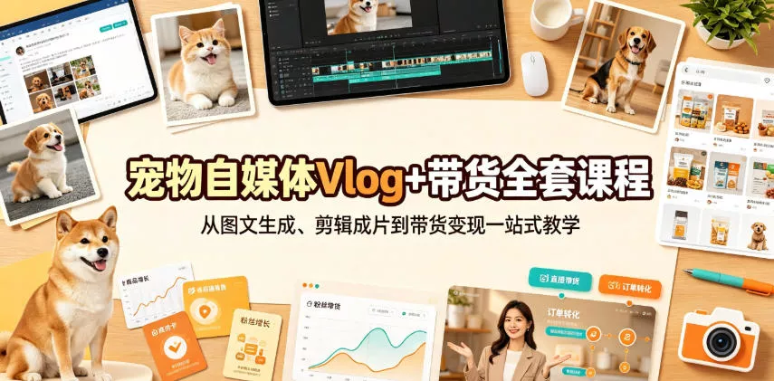 宠物自媒体Vlog+带货全套课程｜从图文生成、剪辑成片到带货变现一站式教学胖子网创胖子网创