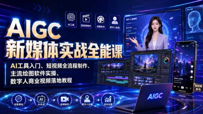 AIGC新媒体实战全能课｜AI工具入门、短视频全流程制作、主流绘图软件实操、数字人商业视频落地教程胖子网创胖子网创