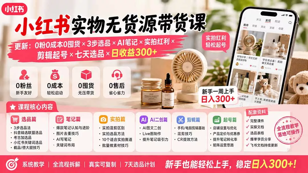 小红书实物无货源带货课-更新：0粉0成本0囤货×3步选品×AI笔记×实拍红利×剪辑起号×七天选品×日收益300+胖子网创胖子网创