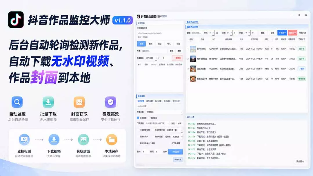 抖音作品监控大师v1.1.0：后台自动轮询检测新作品，自动下载无水印视频、作品封面到本地胖子网创胖子网创