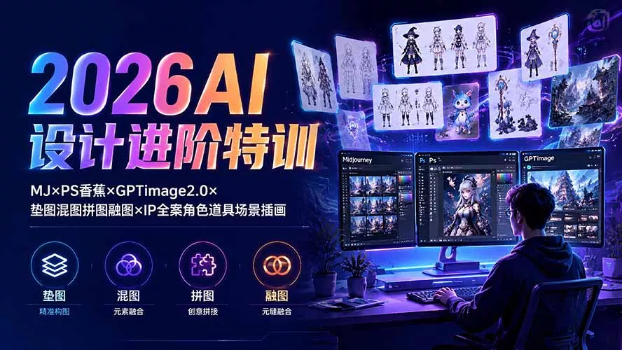2026AI设计进阶特训：MJ×PS香蕉×GPTimage2.0×垫图混图拼图融图×IP全案角色道具场景插画胖子网创胖子网创