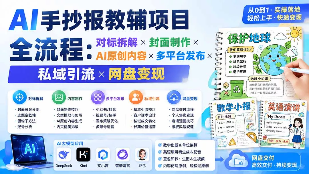AI手抄报教辅项目全流程：对标拆解×封面制作×AI原创内容×多平台发布×私域引流×网盘变现胖子网创胖子网创