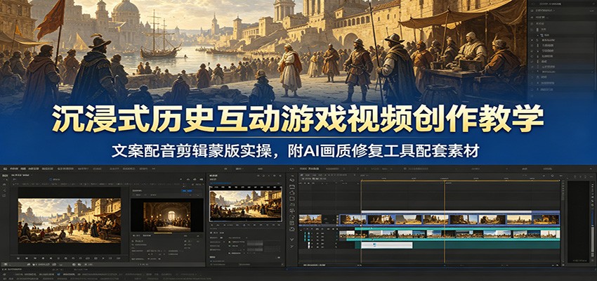沉浸式历史互动游戏视频创作教学：文案配音剪辑蒙版实操，附AI画质修复工具配套素材胖子网创胖子网创