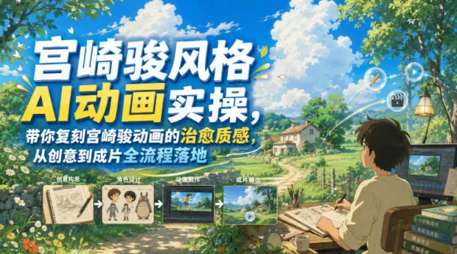 宫崎骏风格AI动画实操，带你复刻宫崎骏动画的治愈质感，从创意到成片全流程落地胖子网创胖子网创