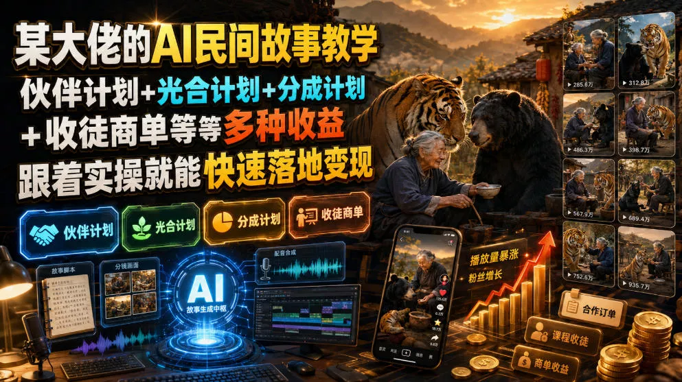 某大佬的AI民间故事教学，伙伴计划+光合计划+分成计划+收徒商单等多种收益，跟着实操就能快速落地变现胖子网创胖子网创
