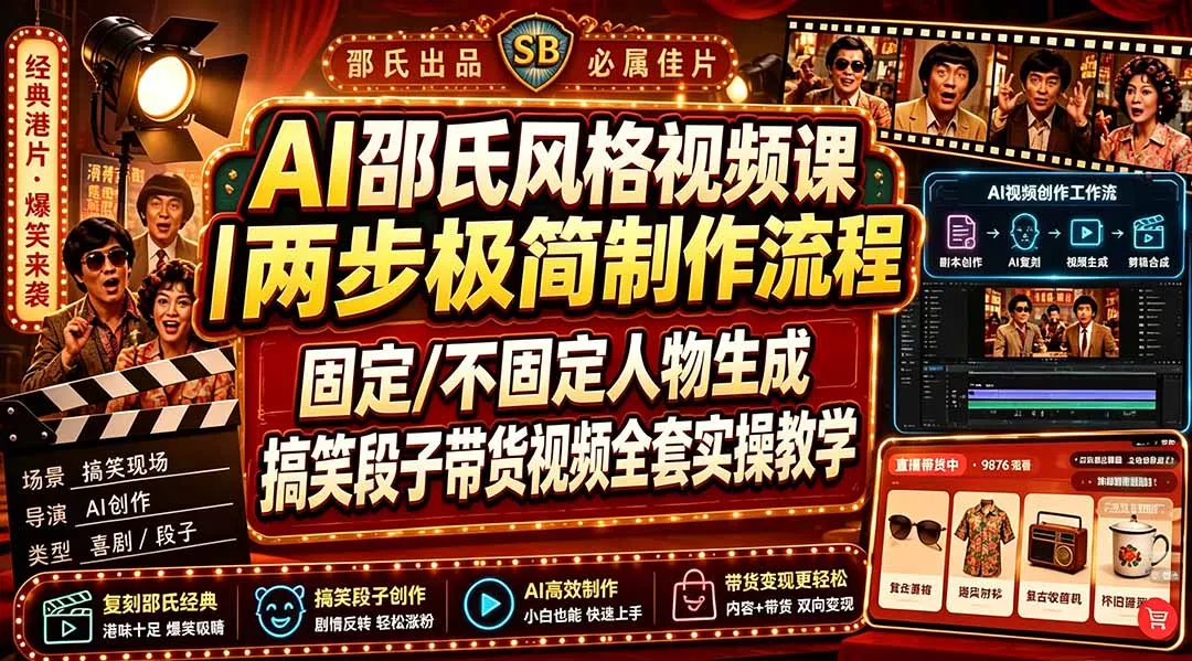 AI邵氏风格视频课｜两步极简制作流程，固定/不固定人物生成，搞笑段子带货视频全套实操教学胖子网创胖子网创