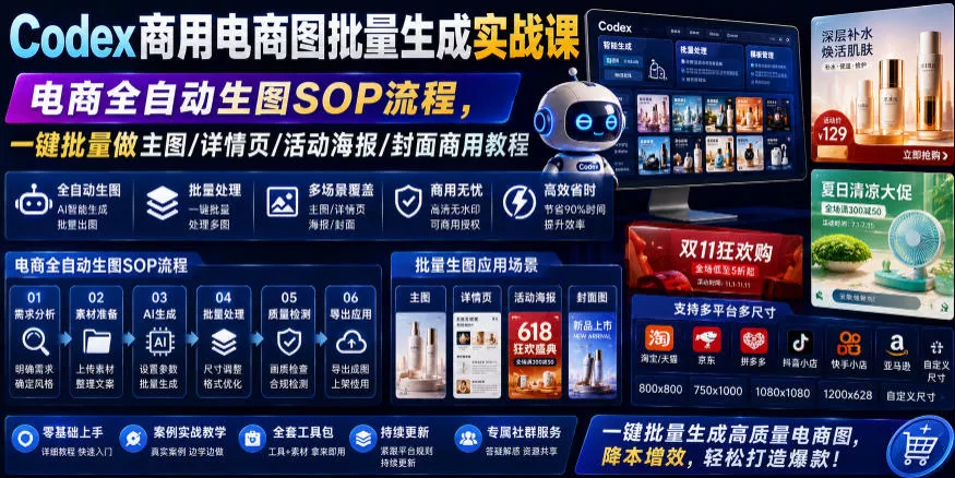 Codex商用电商图批量生成实战课|电商全自动生图SOP流程,一键批量做主图/详情页/活动海报/封面商用教程 Codex商用电商图批量生成实战课|电商全自动生图SOP流程,一键批量做主图/详情页/活动海报/封面商用教程
