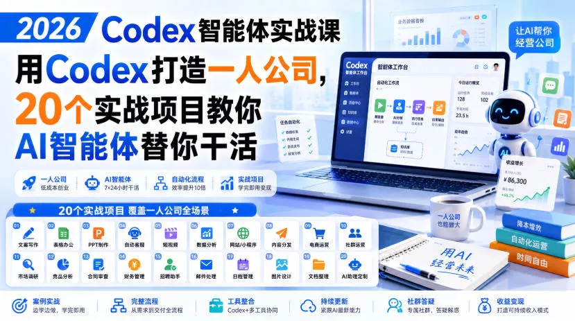 2026 Codex智能体实战课，用Codex打造一人公司，20个实战项目教你AI智能体替你干活胖子网创胖子网创