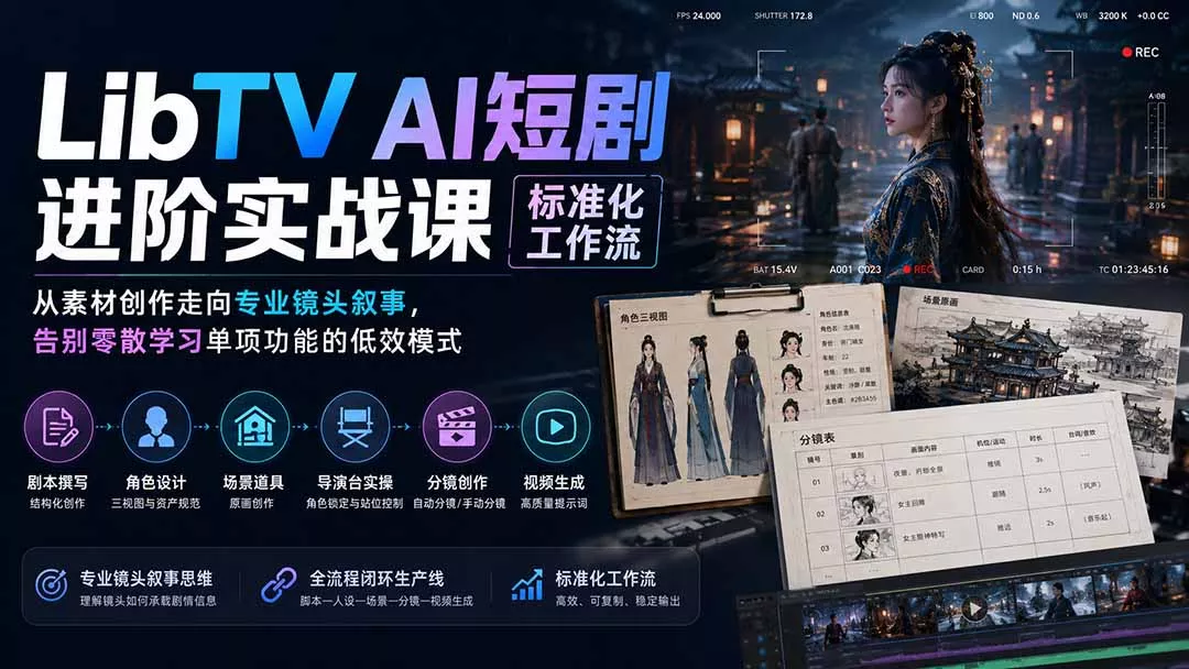 LibTV AI短剧进阶实操课标准化工作流；从素材创作走向专业镜头叙事，告别零散学习单项功能的低效模式胖子网创胖子网创