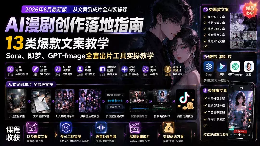 AI漫剧创作落地指南|13类爆款文案教学,Sora、即梦、GPT-Image全套出片工具实操教学 AI漫剧创作落地指南|13类爆款文案教学,Sora、即梦、GPT-Image全套出片工具实操教学