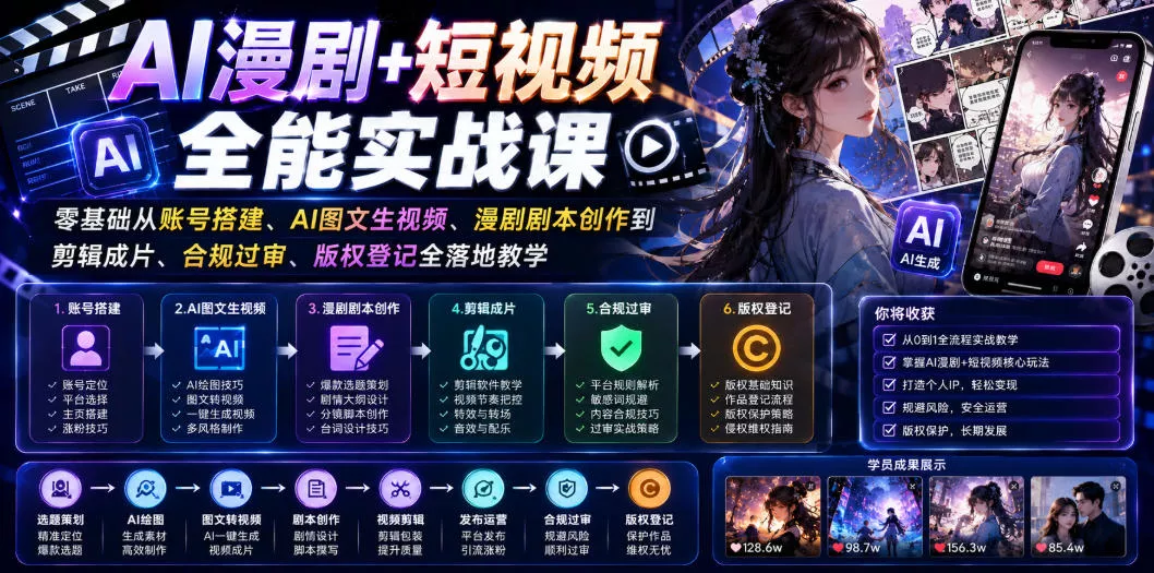 AI漫剧+短视频全能实战课｜零基础从账号搭建、AI图文生视频、漫剧剧本创作到剪辑成片、合规过审、版权登记全落地教学胖子网创胖子网创