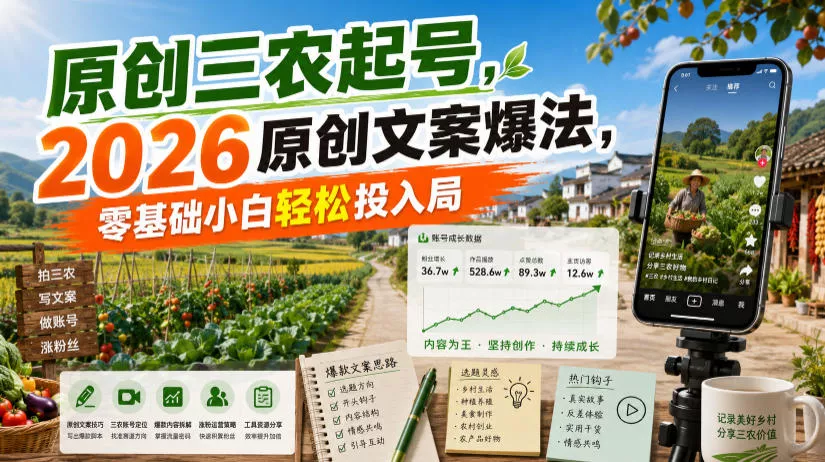 原创三农起号,2026原创文案爆法,零基础小白轻松投入局 原创三农起号,2026原创文案爆法,零基础小白轻松投入局